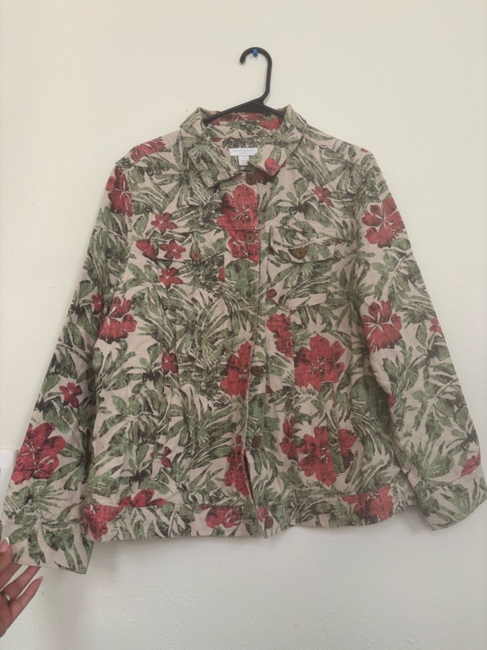 Charter Club Floral Linen Button-Front Shirt in Cream, Red & Green